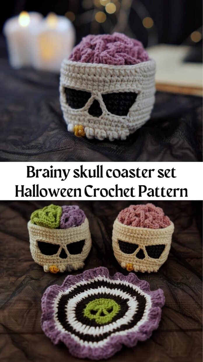 Brainy skull coaster set Halloween Crochet Pattern