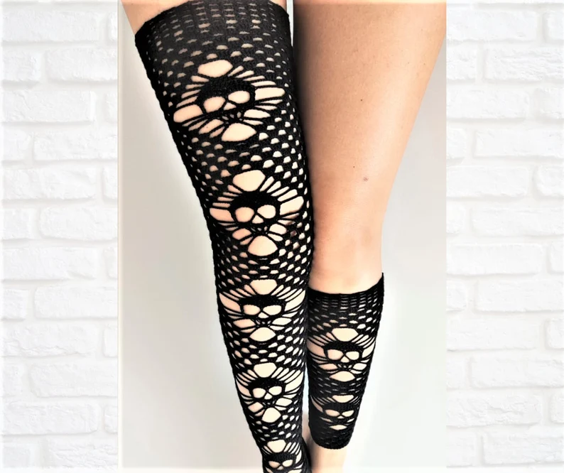 Goth Skull Thigh-High Socks Crochet Pattern