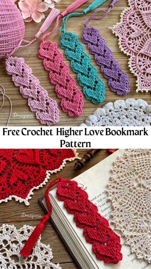 Create a beautiful crocheted bookmark with the "Higher Love" design! Featuring textured hearts and delicate crochet techniques like front and back post stitches, this pattern is perfect for beginners and experienced crafters. Add a personal touch with a tassel and enjoy the final result—a charming accessory for any book lover. For detailed instructions and tips, visit the full pattern on the original page.